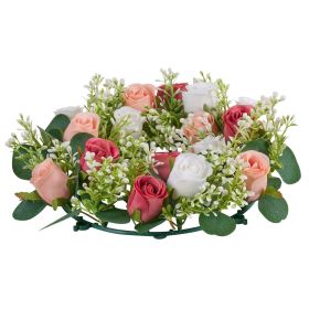 Artificial Rose Wreath, 14-Inch Diameter Faux Flower Wreath with Pink and White Roses, Flower Arrangement Centerpiece for Valentine's, Mother's D