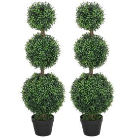 HOMCOM Set of 2 Artificial Ball Boxwood Topiary Trees, Fake Plants in Pot for Indoor Outdoor Living Room Green